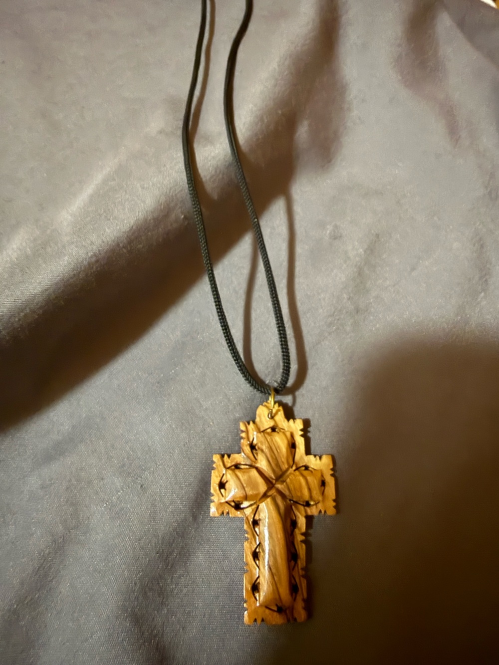 Carved Wooden Cross Necklace in Warm Honey Brown